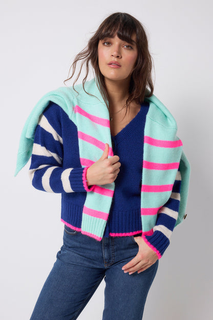 Bright Blue with Cream Stripe Cardigan