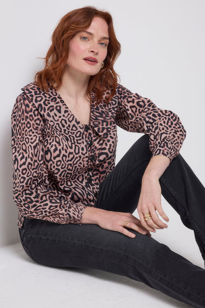 Neutral Leopard Ray Collared Blouse