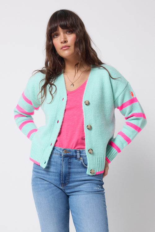 Pale Mint Green with Neon Pink Stripe Cardigan