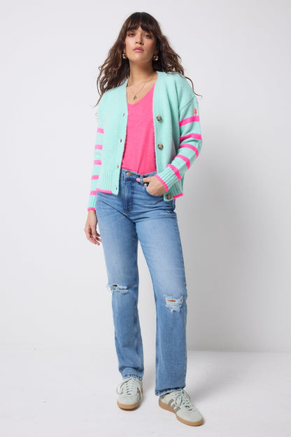 Pale Mint Green with Neon Pink Stripe Cardigan