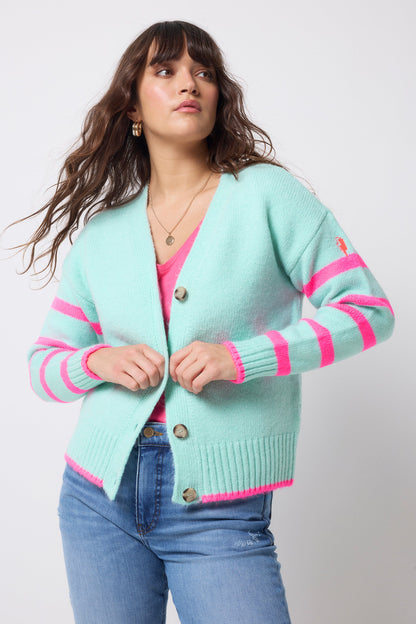 Pale Mint Green with Neon Pink Stripe Cardigan