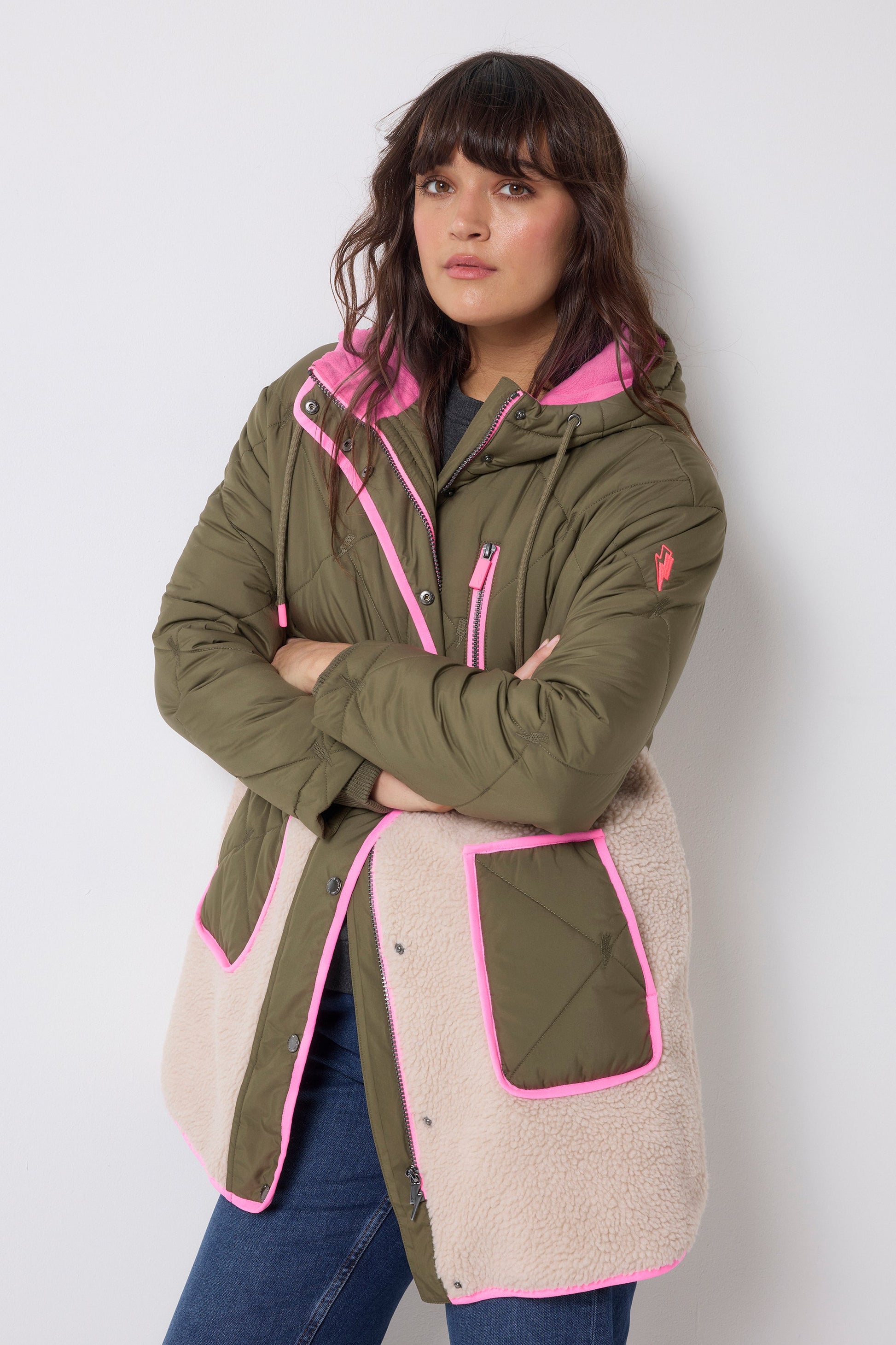 Khaki and Pink Quilted Borg Hooded Coat