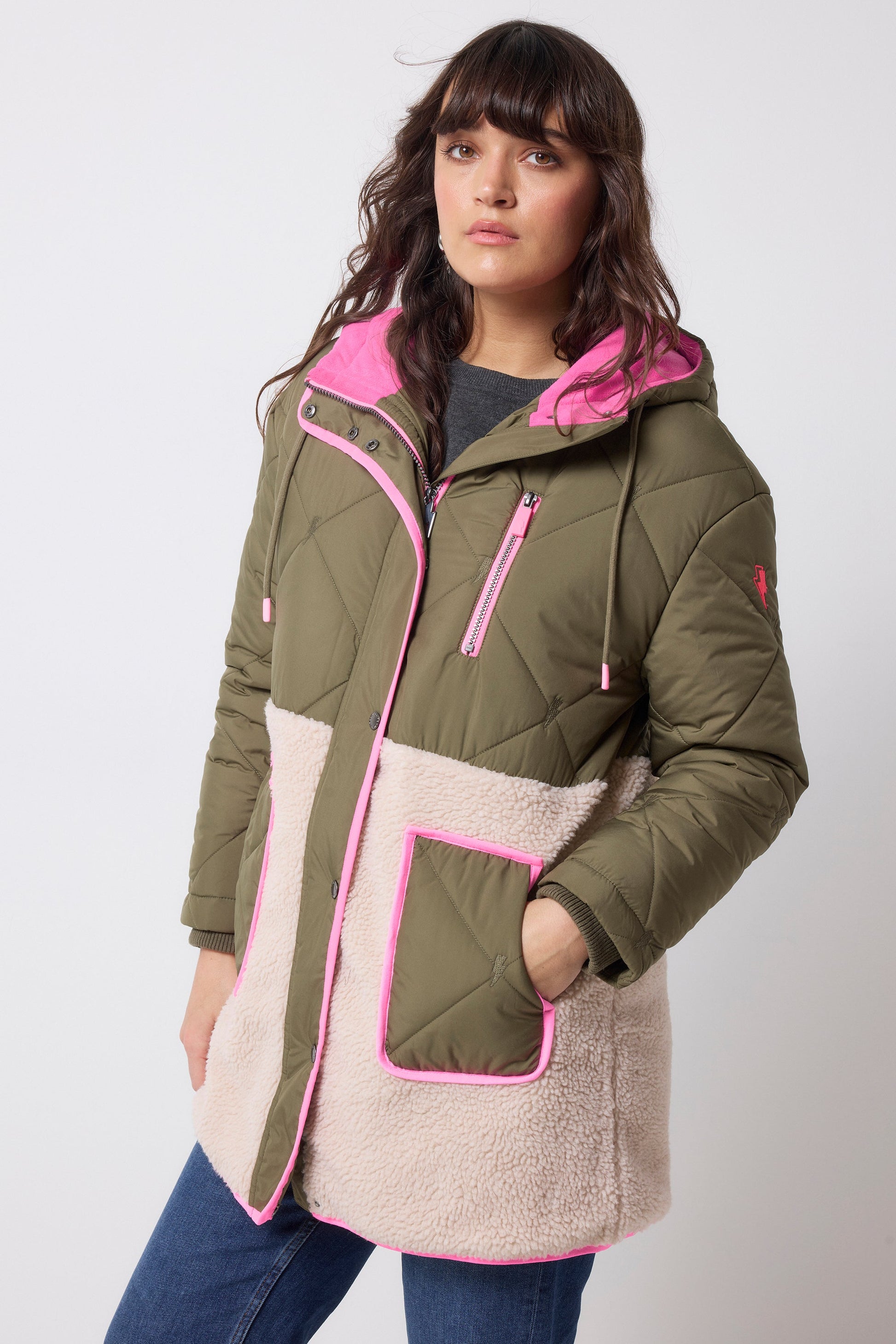 Khaki and Pink Quilted Borg Hooded Coat