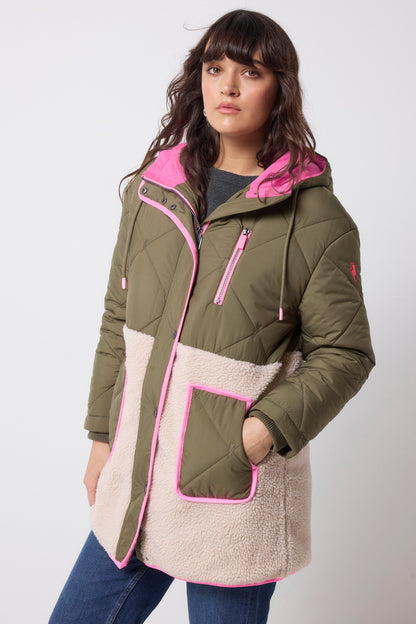 Khaki and Pink Quilted Borg Hooded Coat