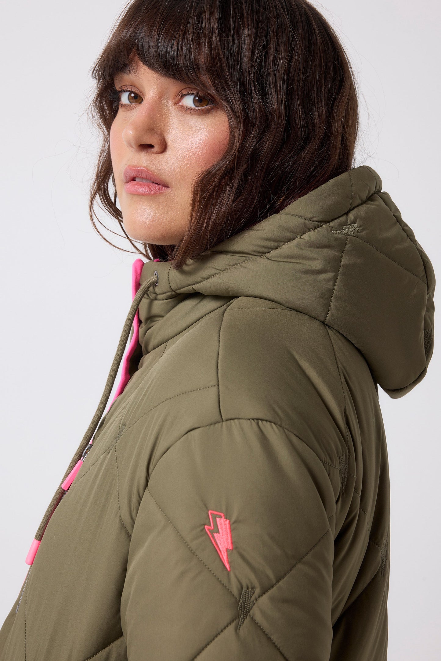 Khaki and Pink Quilted Borg Hooded Coat