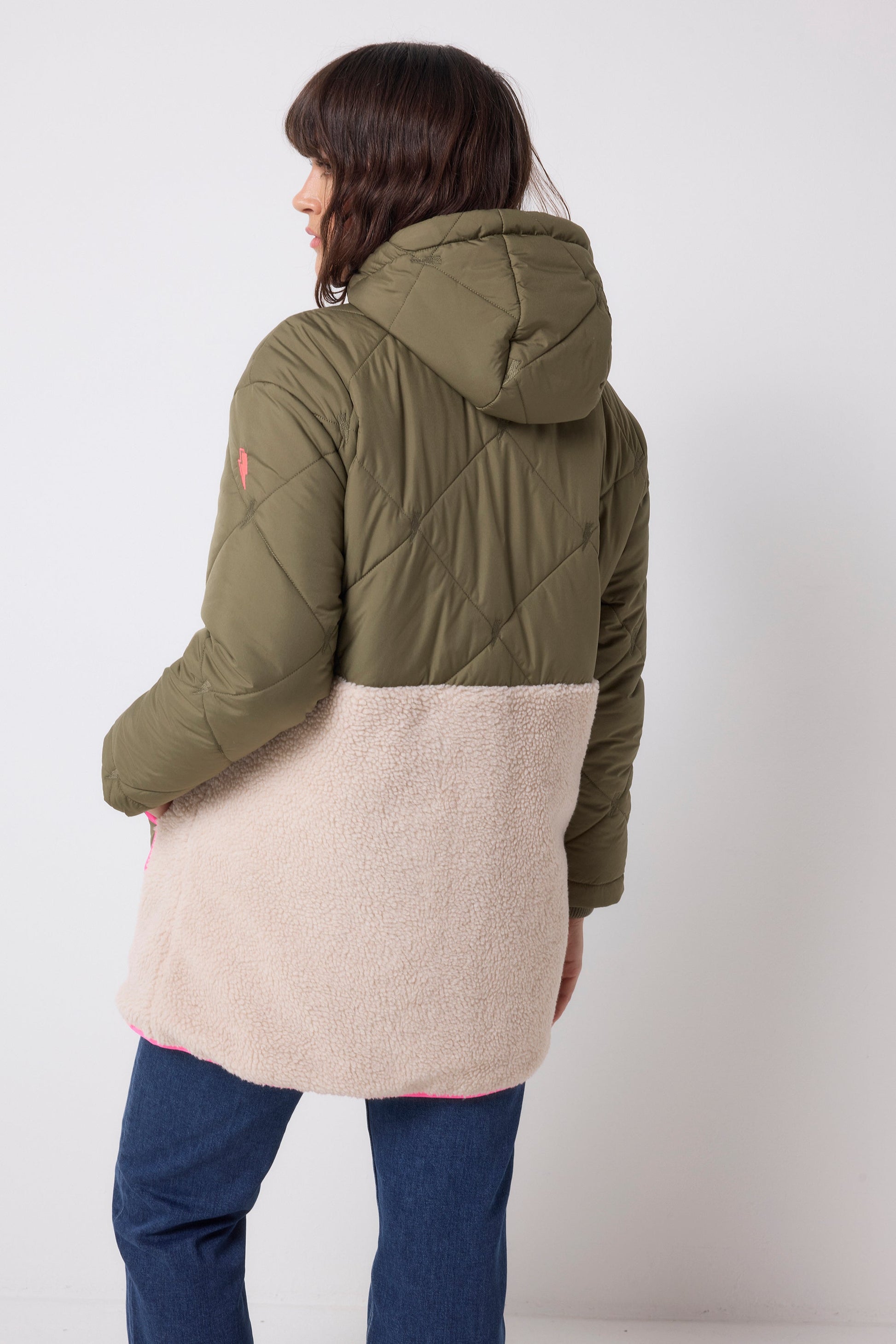 Khaki and Pink Quilted Borg Hooded Coat