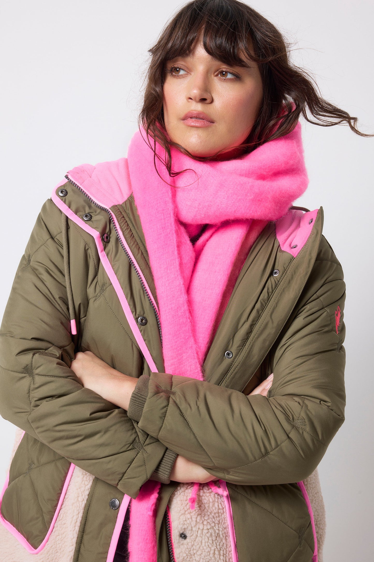 Khaki and Pink Quilted Borg Hooded Coat