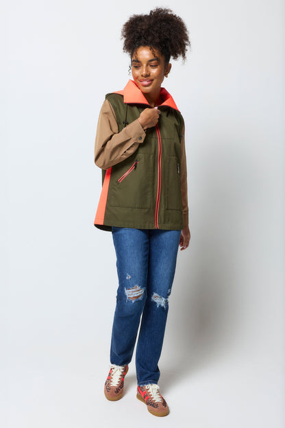 Khaki with Camel and Coral Colourblock Short Trench Coat