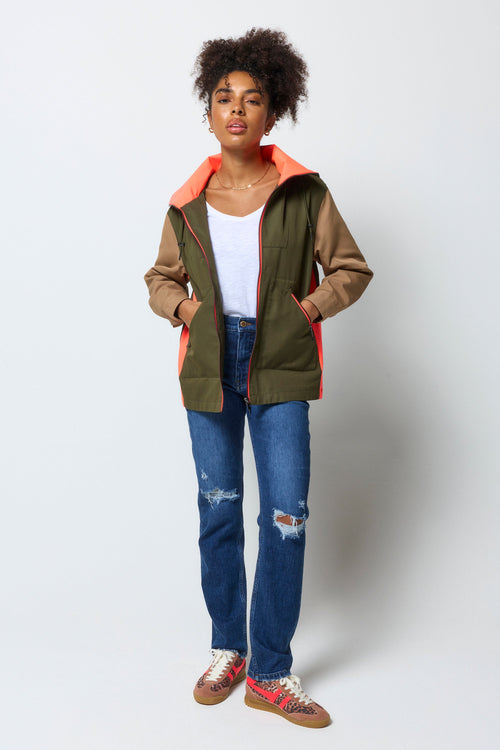 Khaki with Camel and Coral Colourblock Short Trench Coat