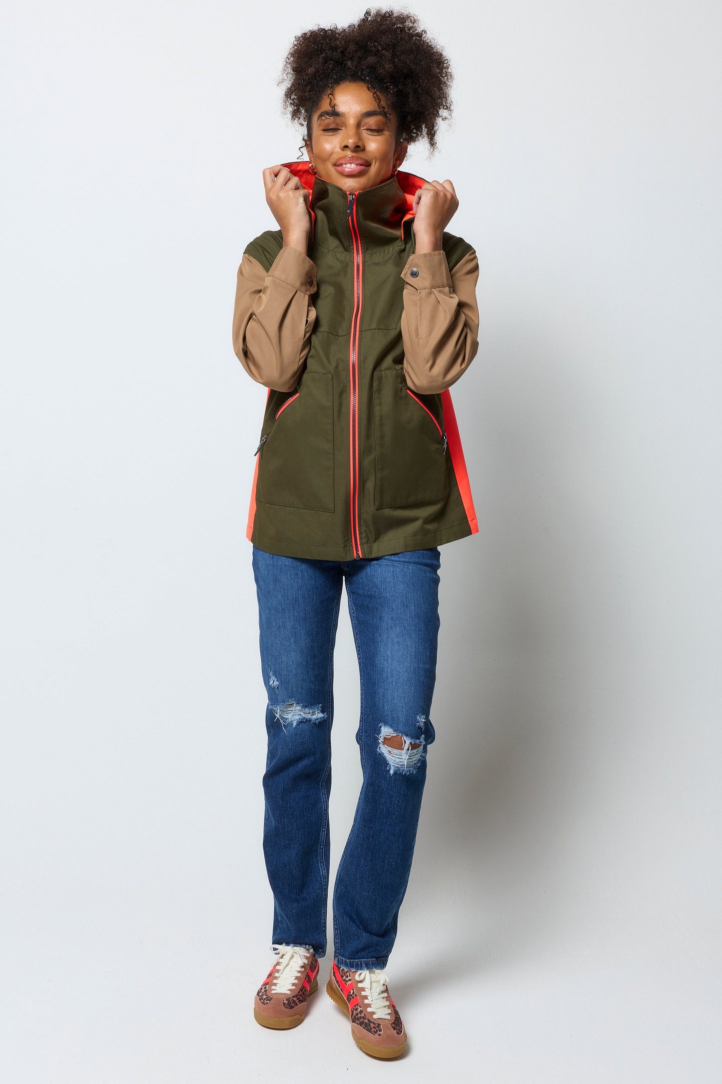 Khaki with Camel and Coral Colourblock Short Trench Coat