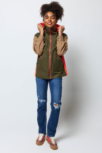 Khaki with Camel and Coral Colourblock Short Trench Coat