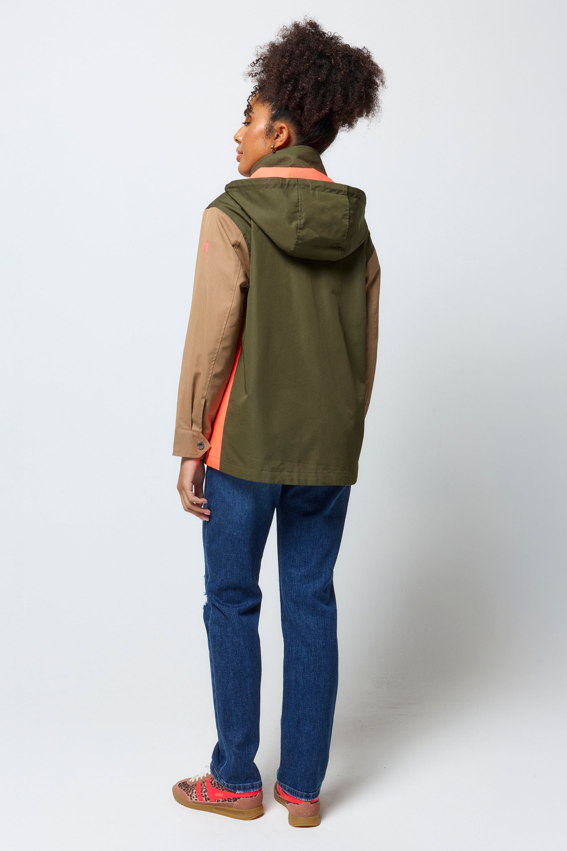 Khaki with Camel and Coral Colourblock Short Trench Coat