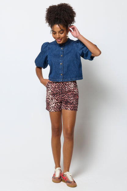 Neutral Cheetah Patch Pocket Denim Shorts