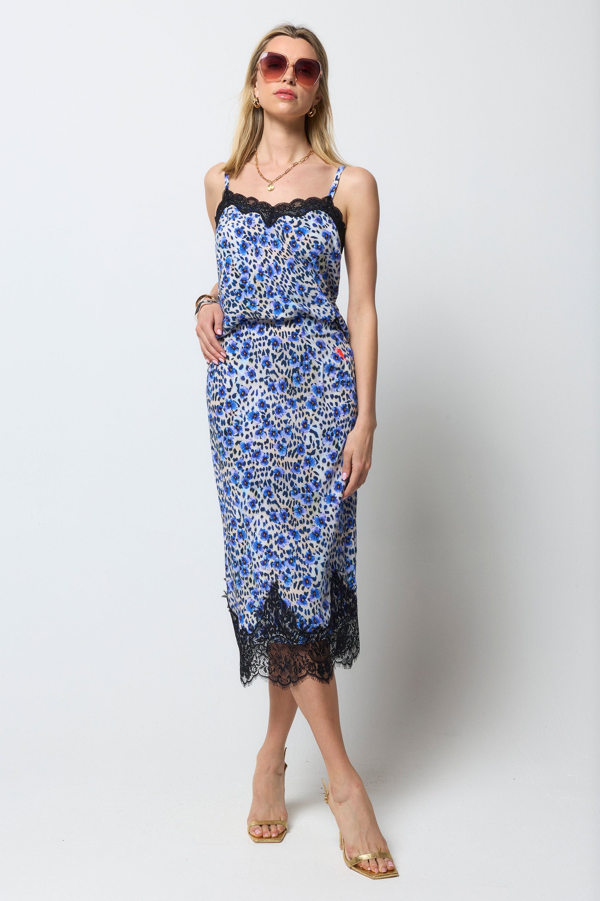White with Blue Paradise Cheetah Lace Trim Midi Slip Skirt