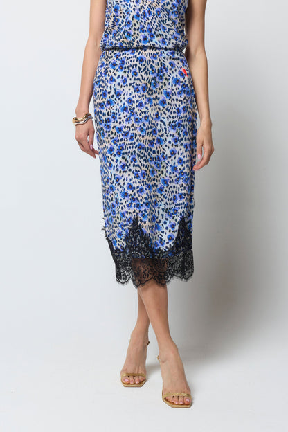 White with Blue Paradise Cheetah Lace Trim Midi Slip Skirt