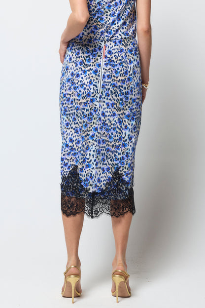 White with Blue Paradise Cheetah Lace Trim Midi Slip Skirt