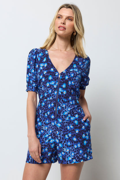 Navy Paradise Cheetah Zip Front Playsuit