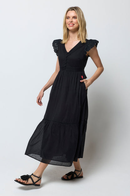 Black Broderie Sleeve Pintuck Midi Dress