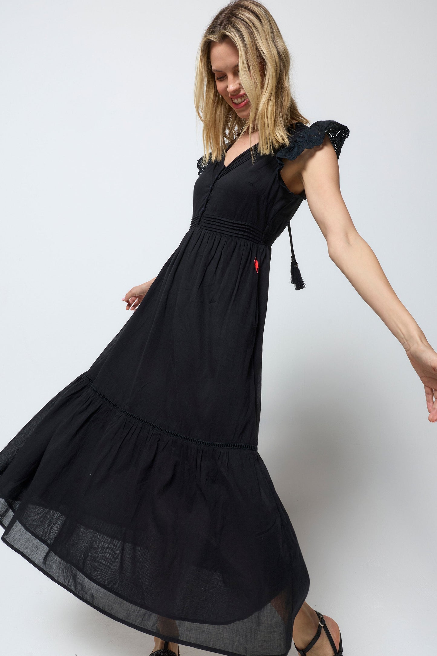 Black Broderie Sleeve Pintuck Midi Dress