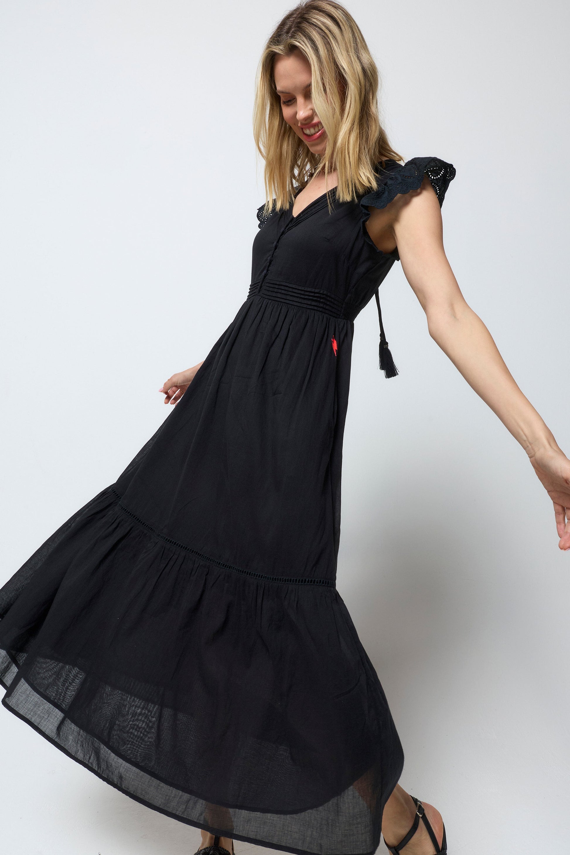 Black Broderie Sleeve Pintuck Midi Dress