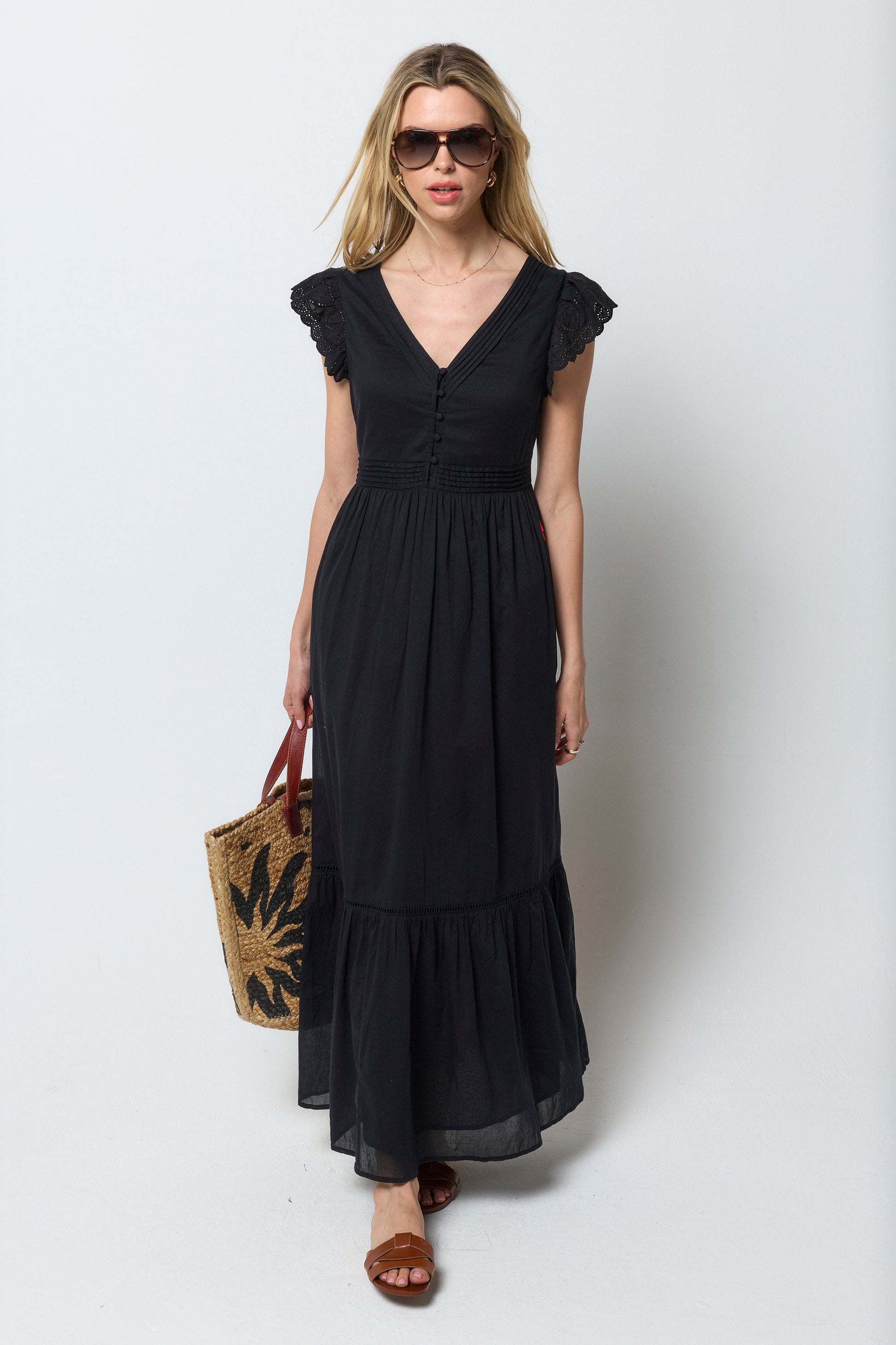 Black Broderie Sleeve Pintuck Maxi Dress