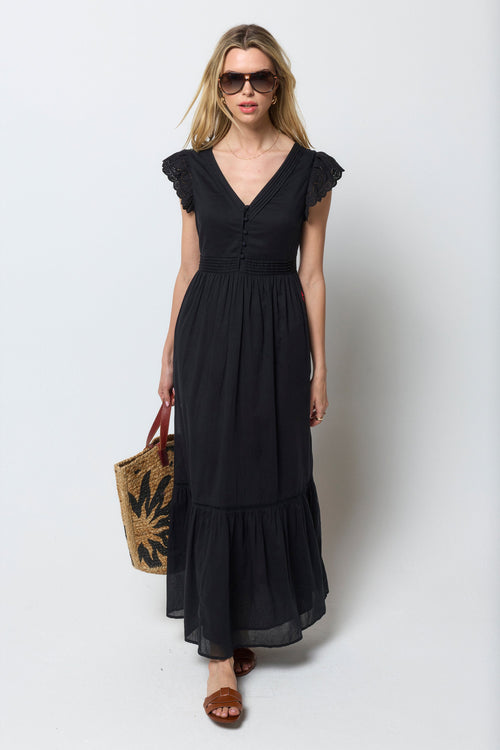 Black Broderie Sleeve Pintuck Maxi Dress