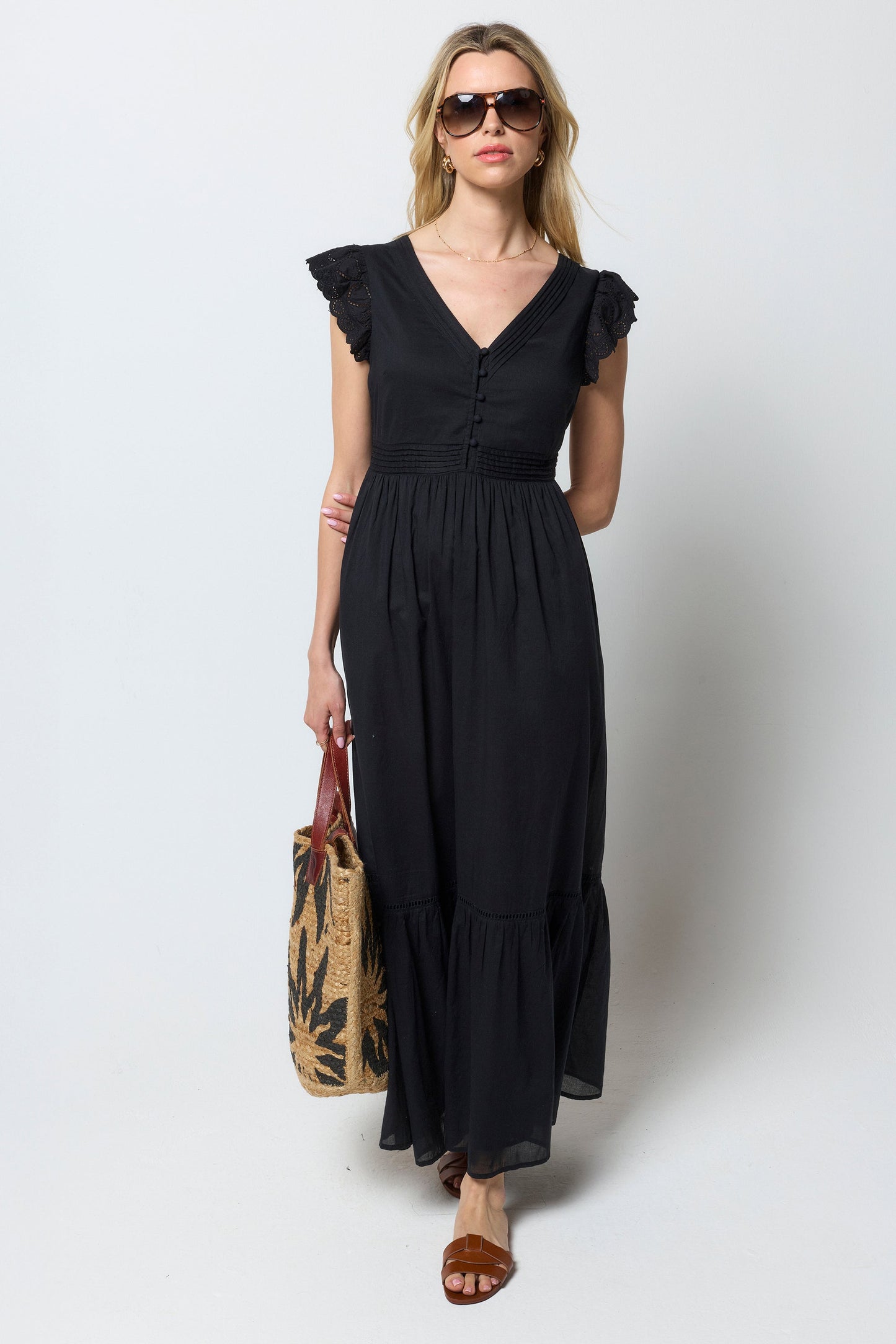 Black Broderie Sleeve Pintuck Maxi Dress