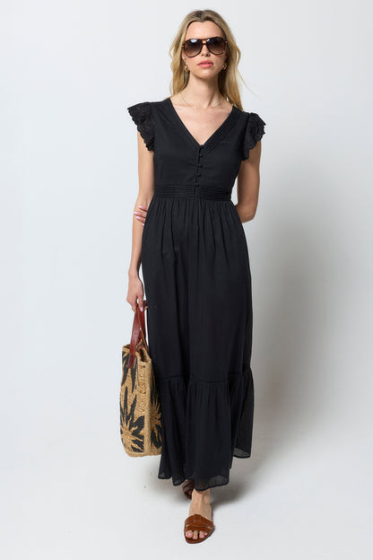 Black Broderie Sleeve Pintuck Maxi Dress