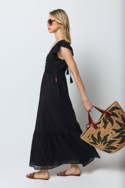 Black Broderie Sleeve Pintuck Maxi Dress
