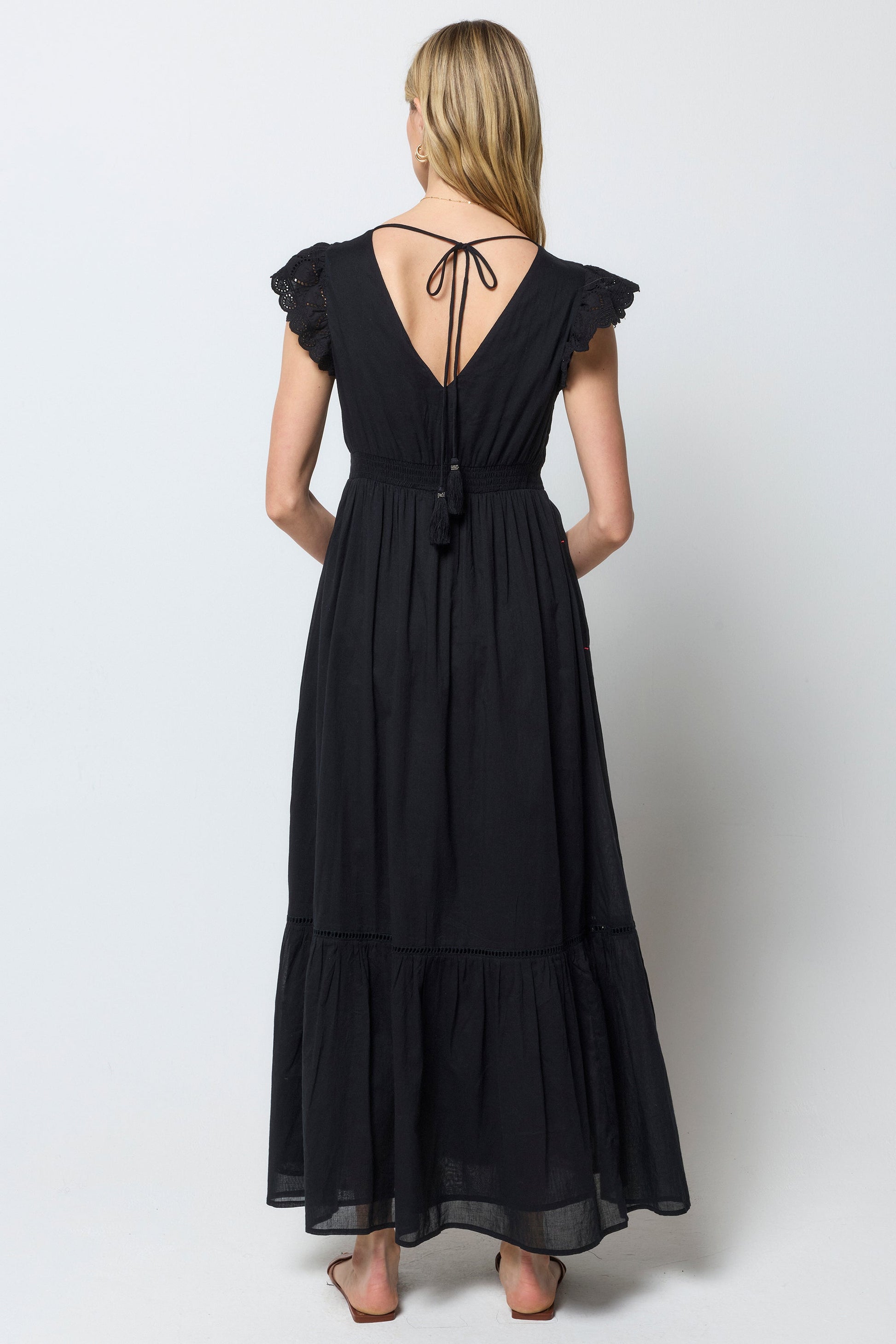 Black Broderie Sleeve Pintuck Maxi Dress
