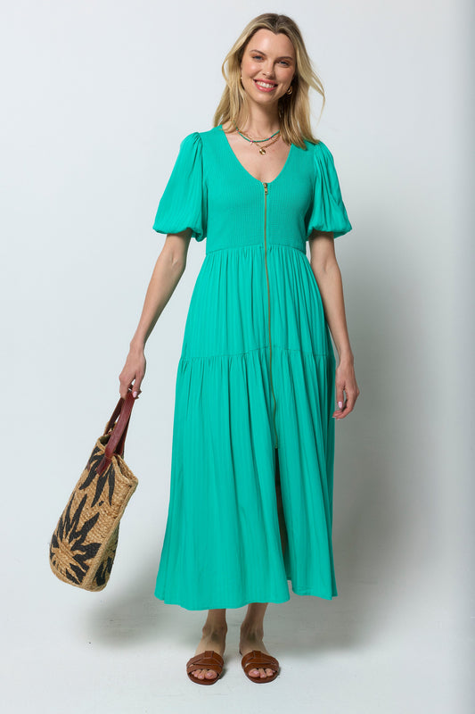 Green Shirred Zip Detail Midi Dress