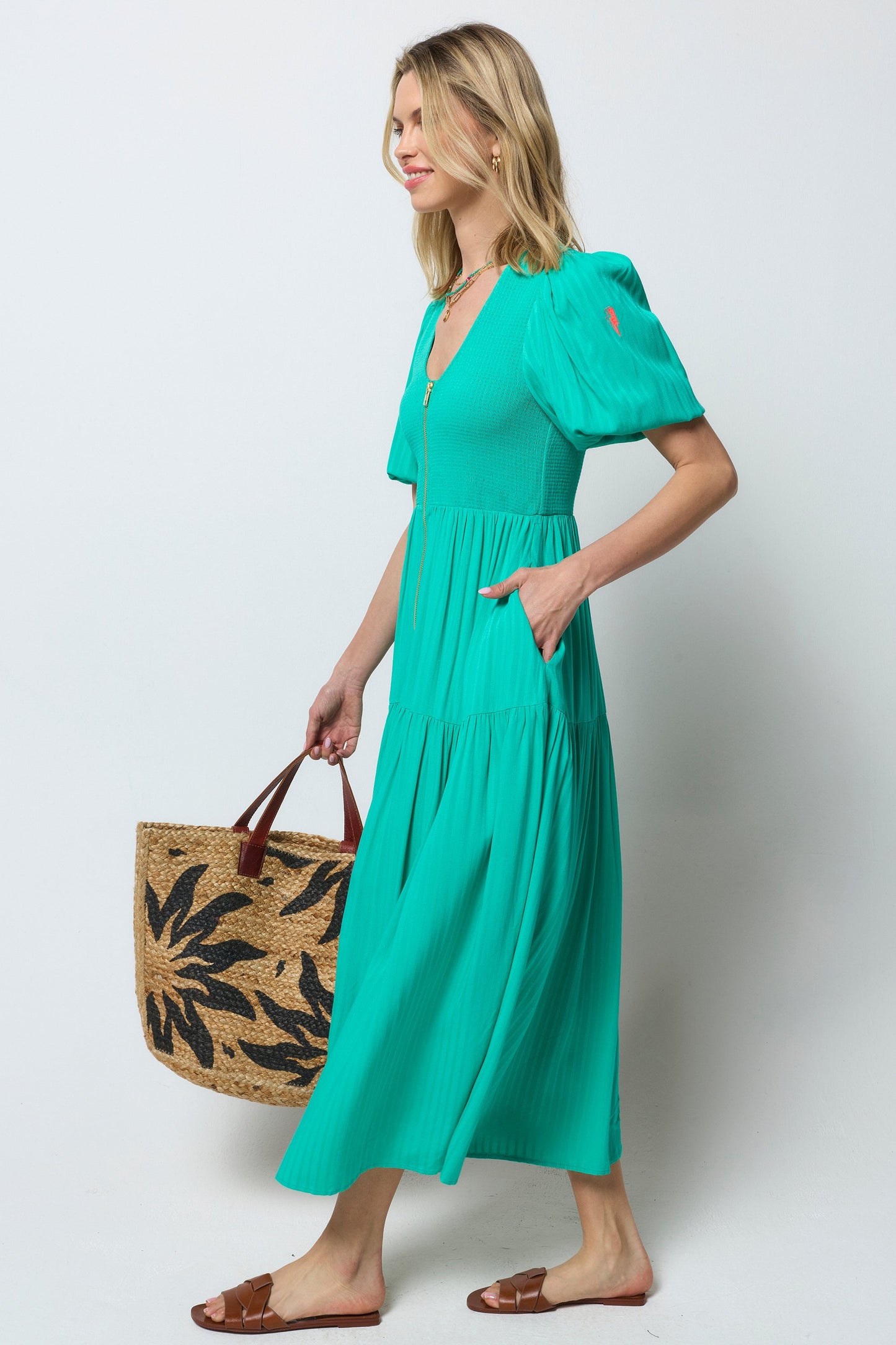 Green Shirred Zip Detail Midi Dress