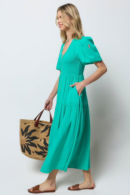 Green Shirred Zip Detail Midi Dress