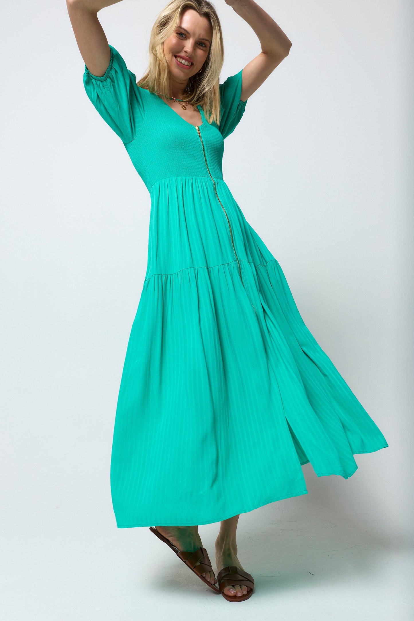 Green Shirred Zip Detail Midi Dress