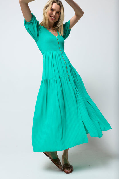 Green Shirred Zip Detail Midi Dress