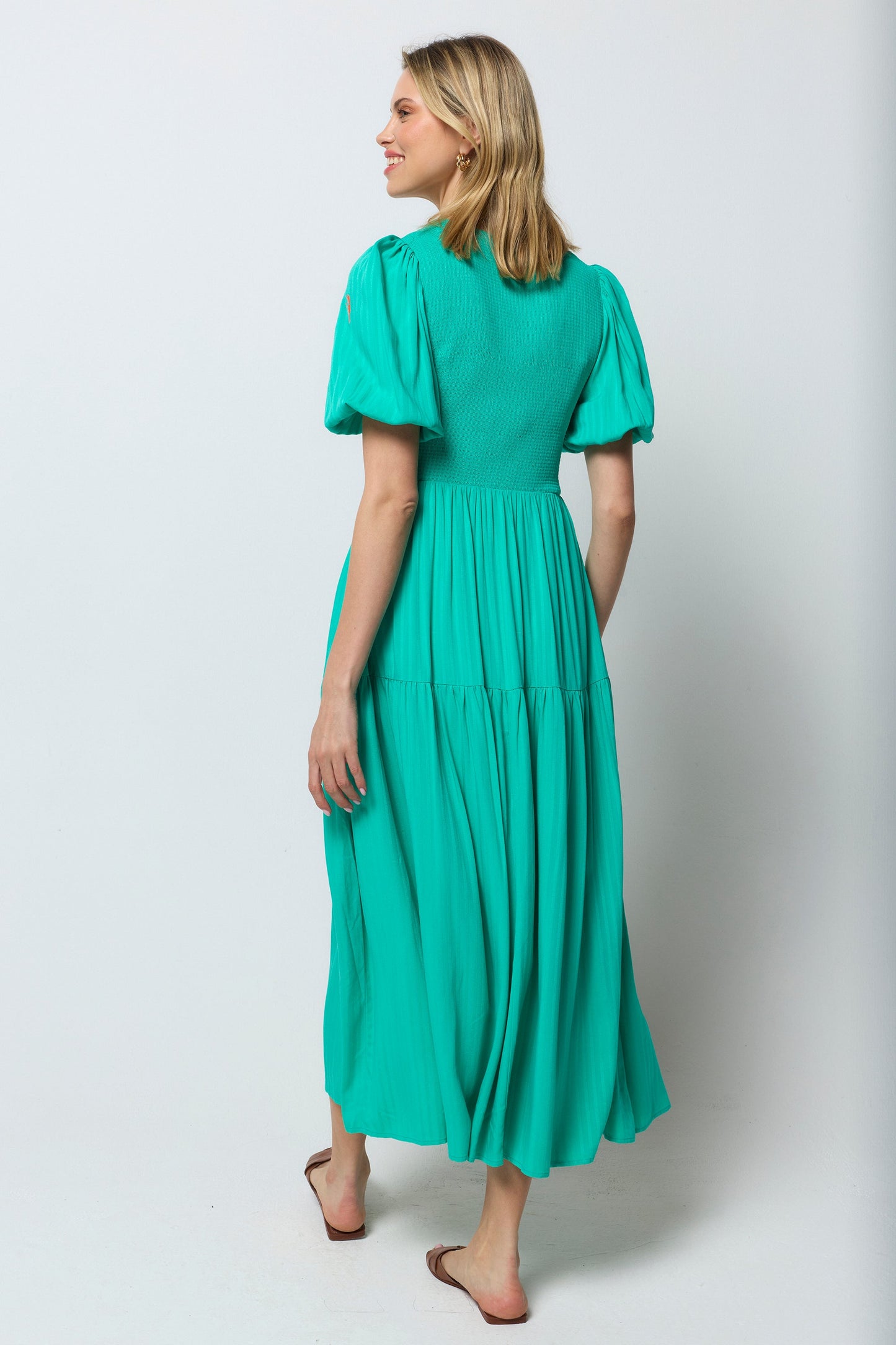 Green Shirred Zip Detail Midi Dress