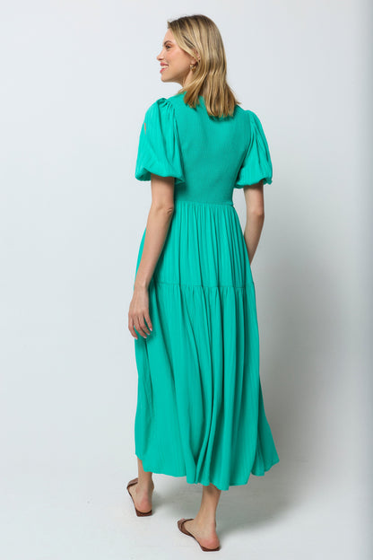 Green Shirred Zip Detail Midi Dress