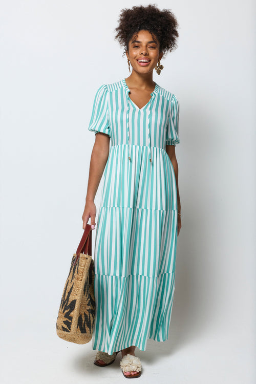 Green with White Stripe Tie Front Maxi Dress