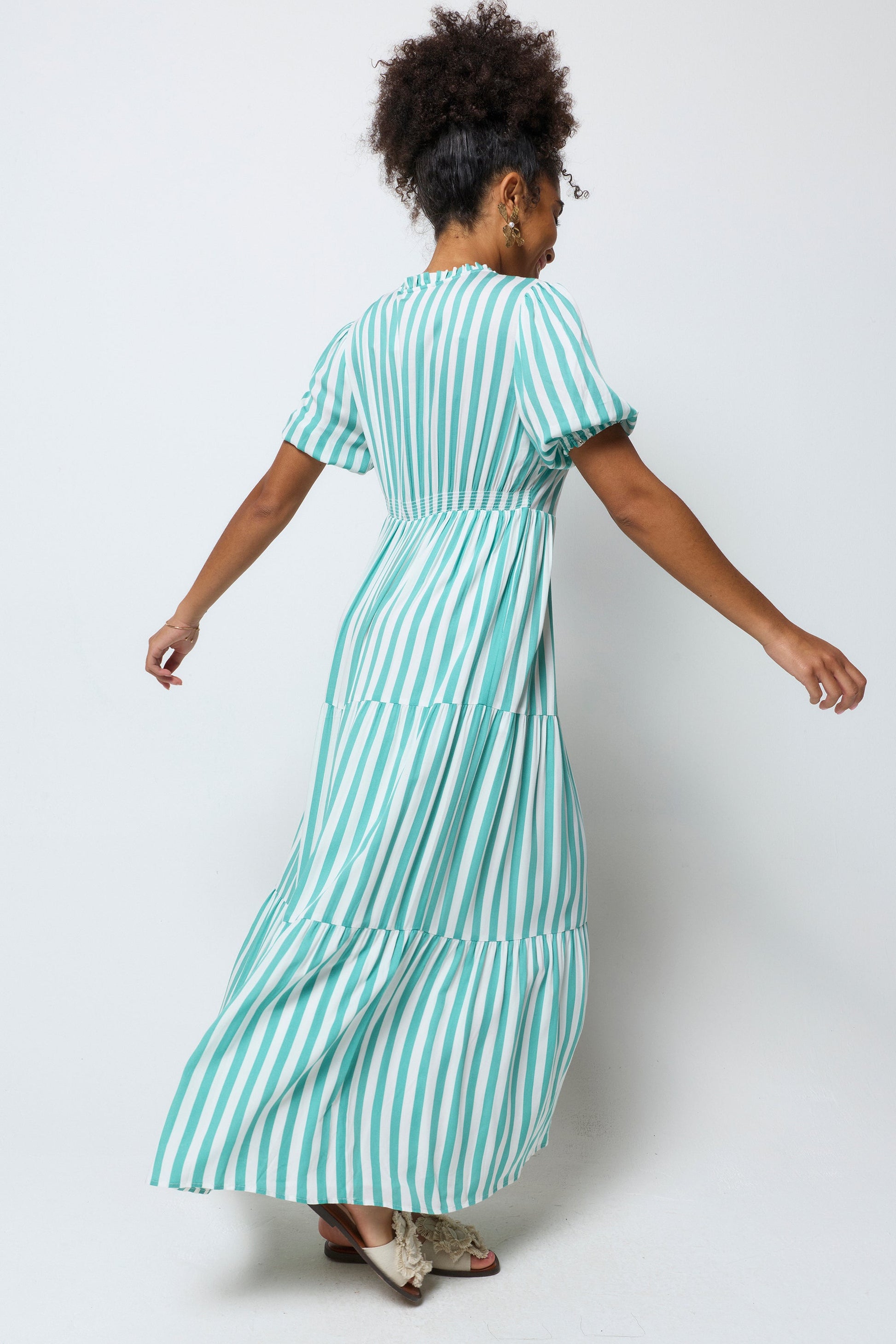 Green with White Stripe Tie Front Maxi Dress