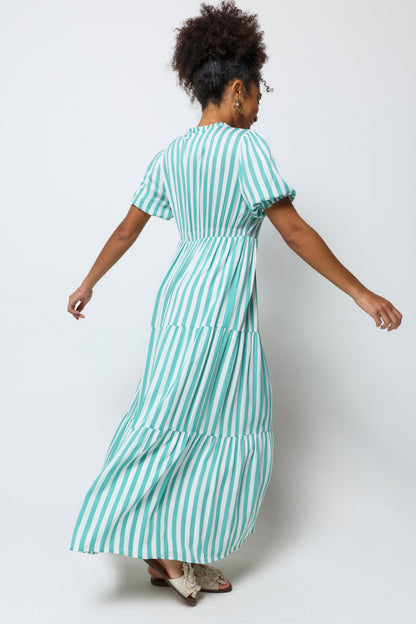 Green with White Stripe Tie Front Maxi Dress