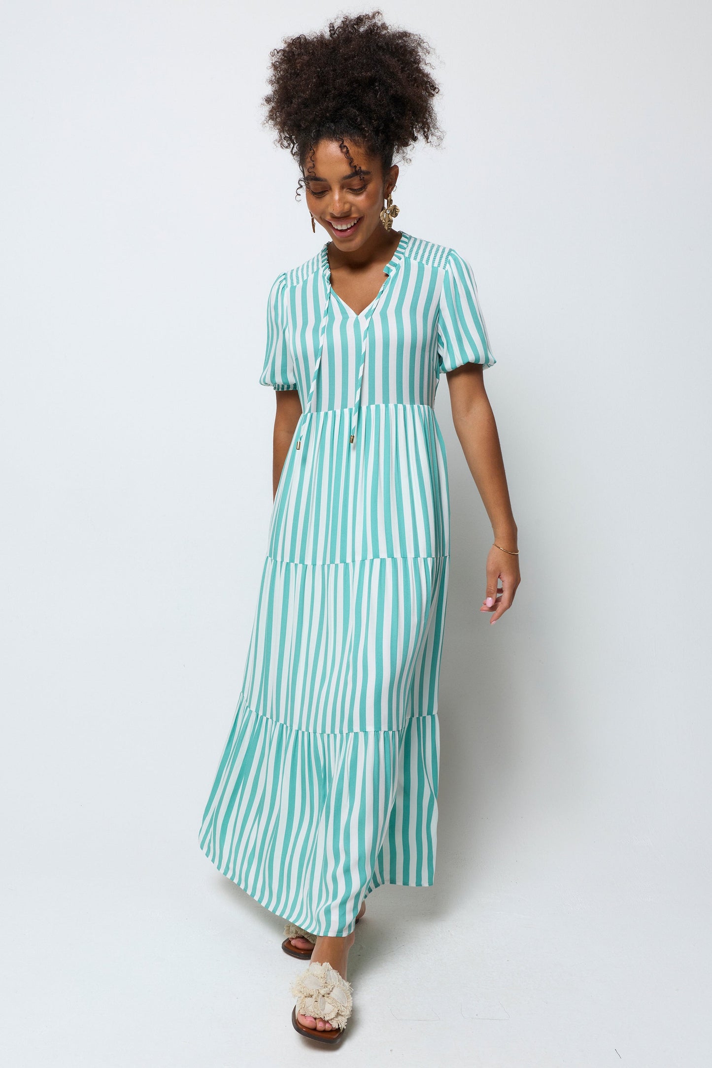 Green with White Stripe Tie Front Maxi Dress