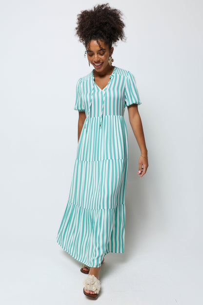 Green with White Stripe Tie Front Maxi Dress