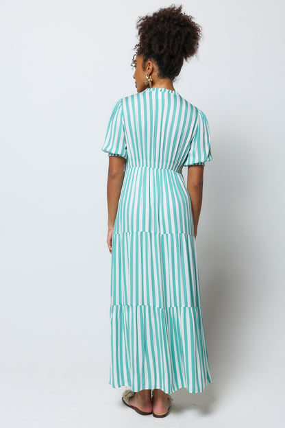 Green with White Stripe Tie Front Maxi Dress