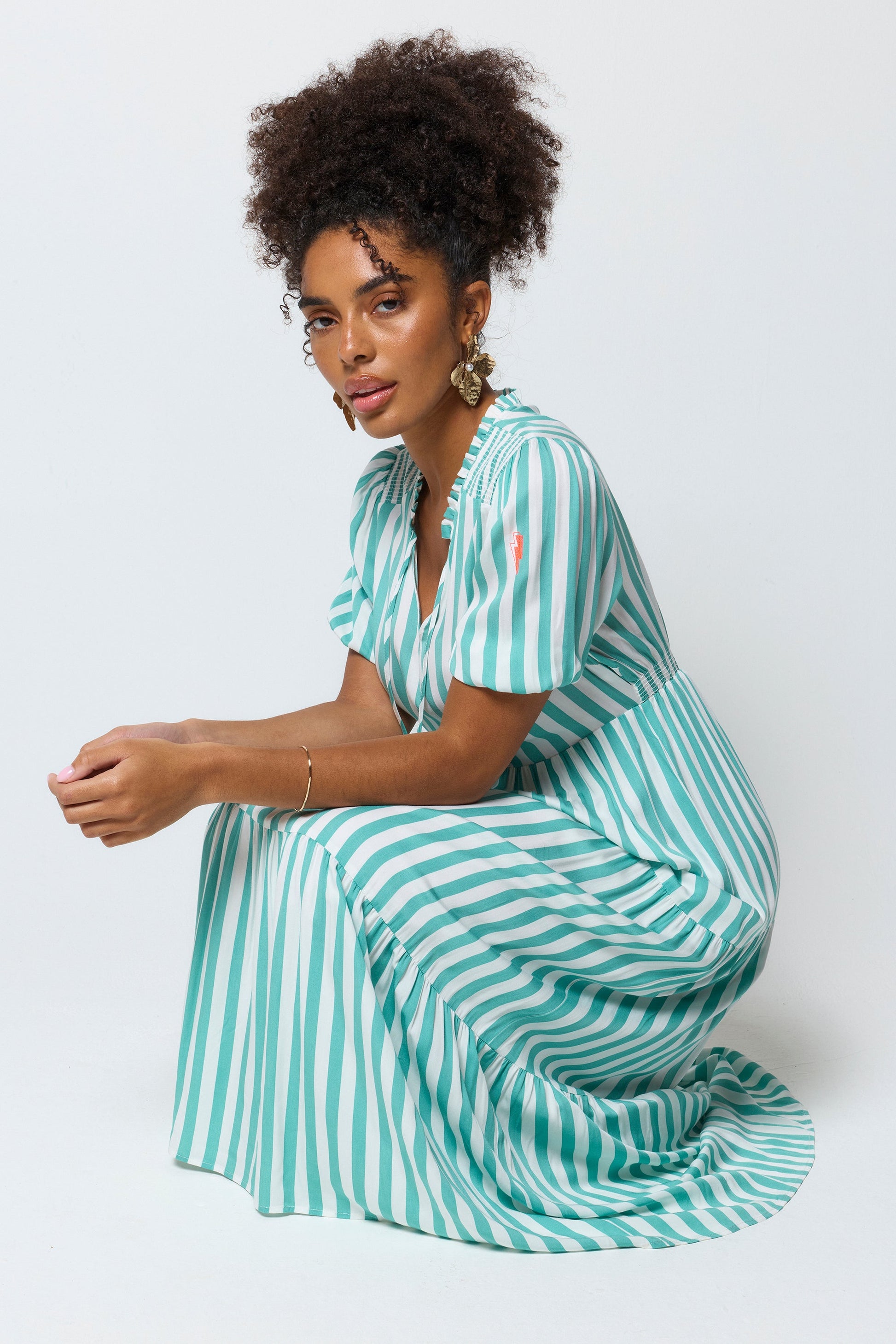Green with White Stripe Tie Front Maxi Dress