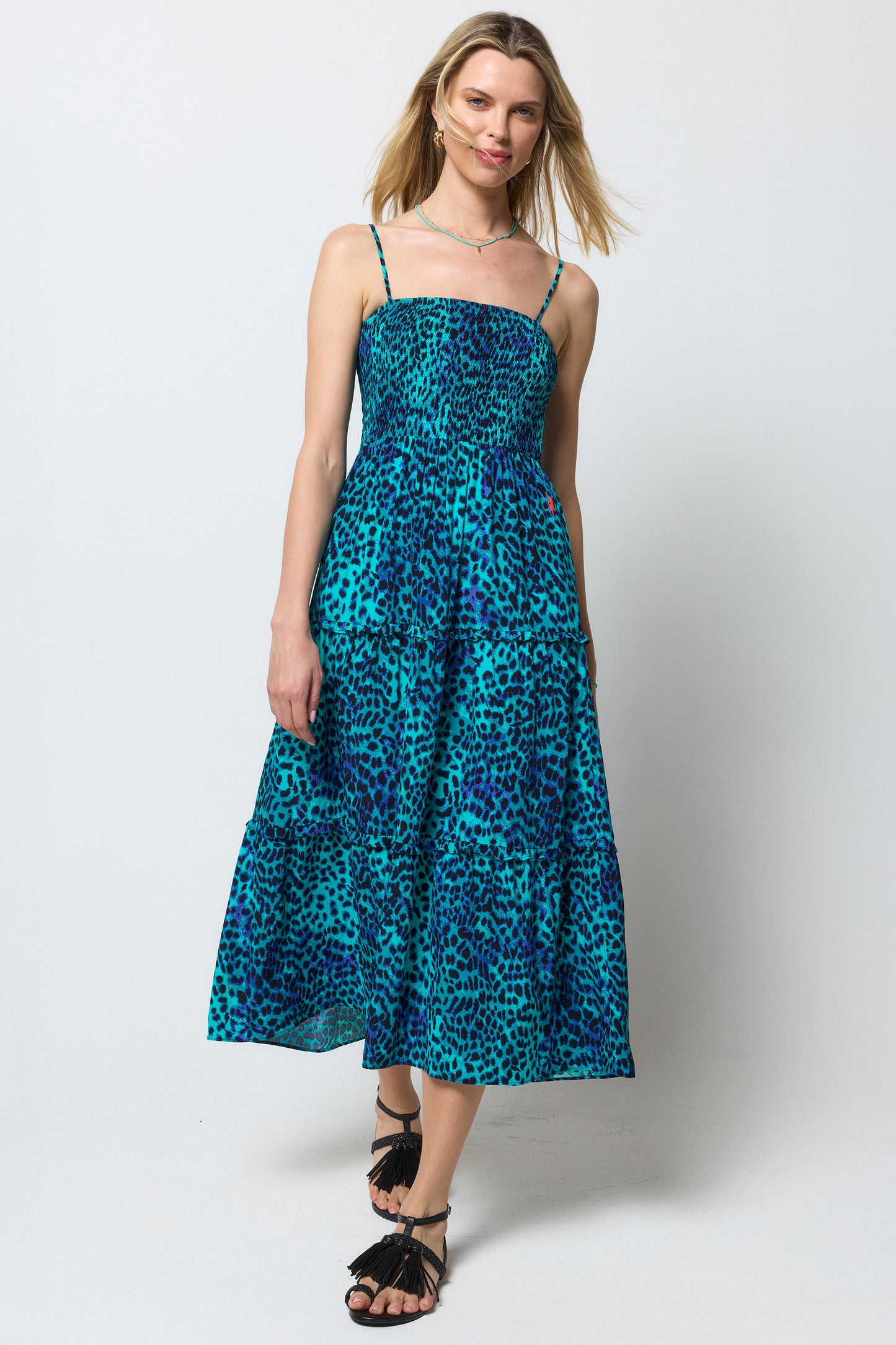 Turquoise with Blue Cheetah Bandeau Midi Dress
