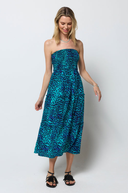Turquoise with Blue Cheetah Bandeau Midi Dress