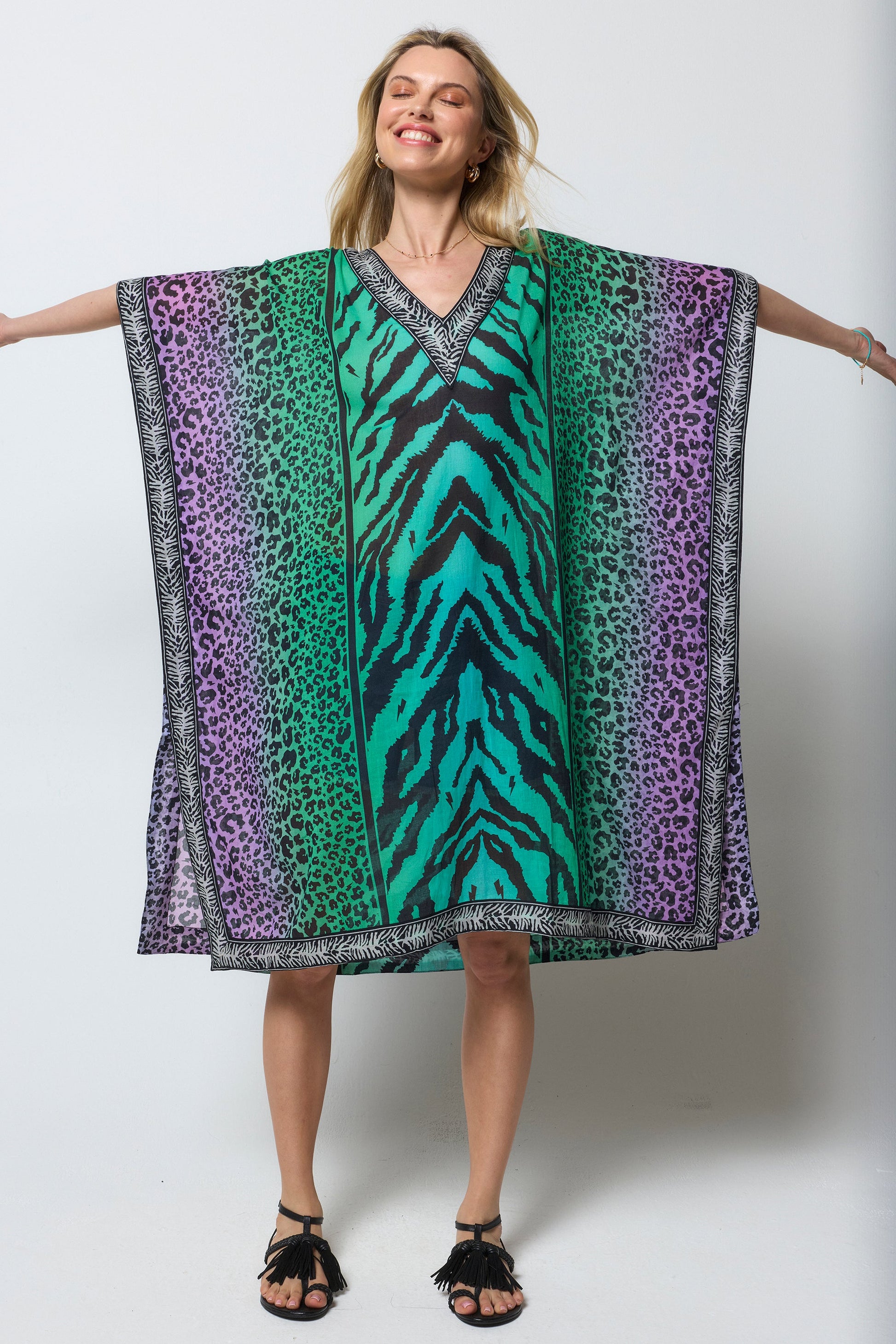 Green Ombre Engineered Animal Print Kaftan