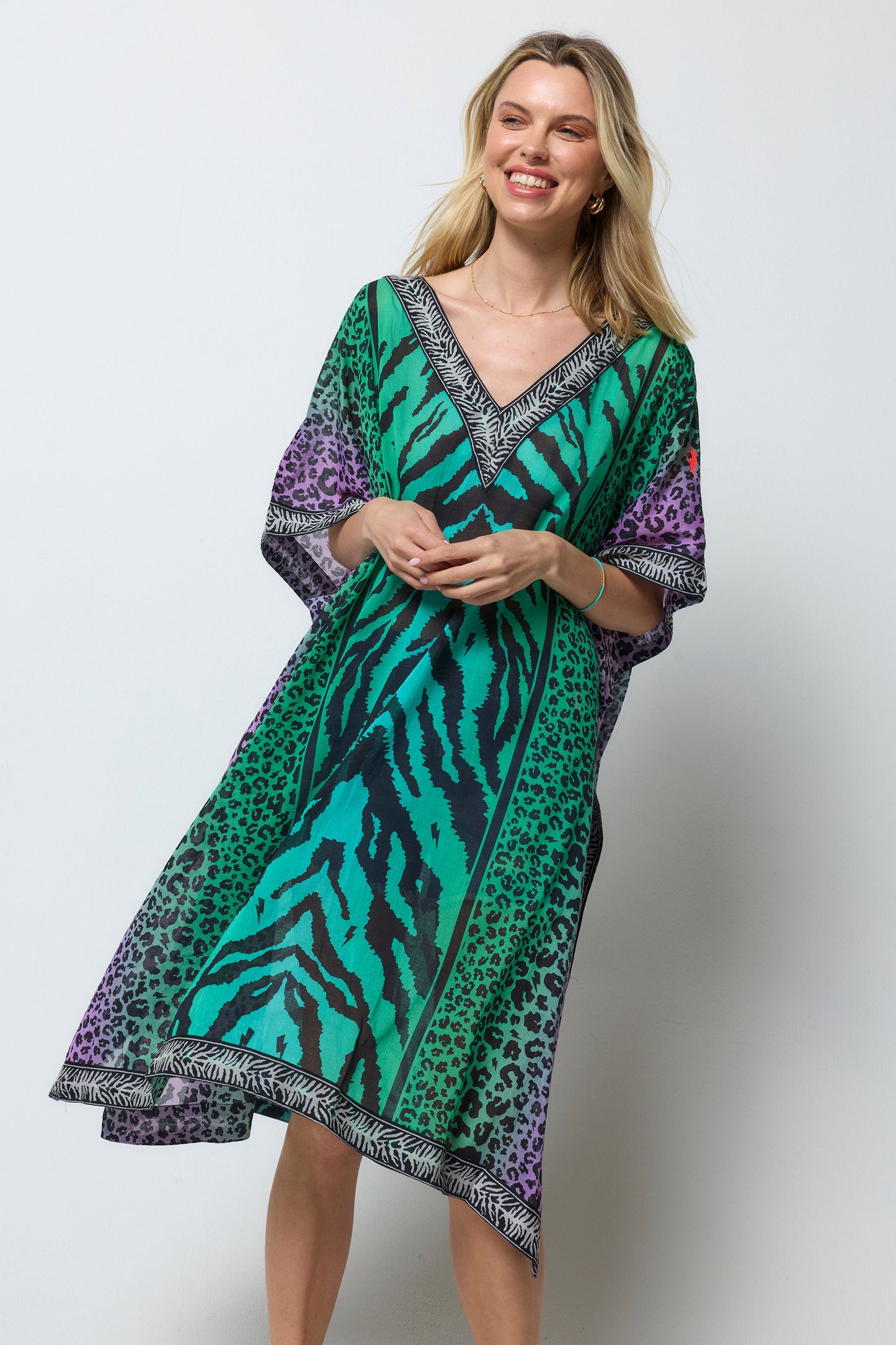 Green Ombre Engineered Animal Print Kaftan