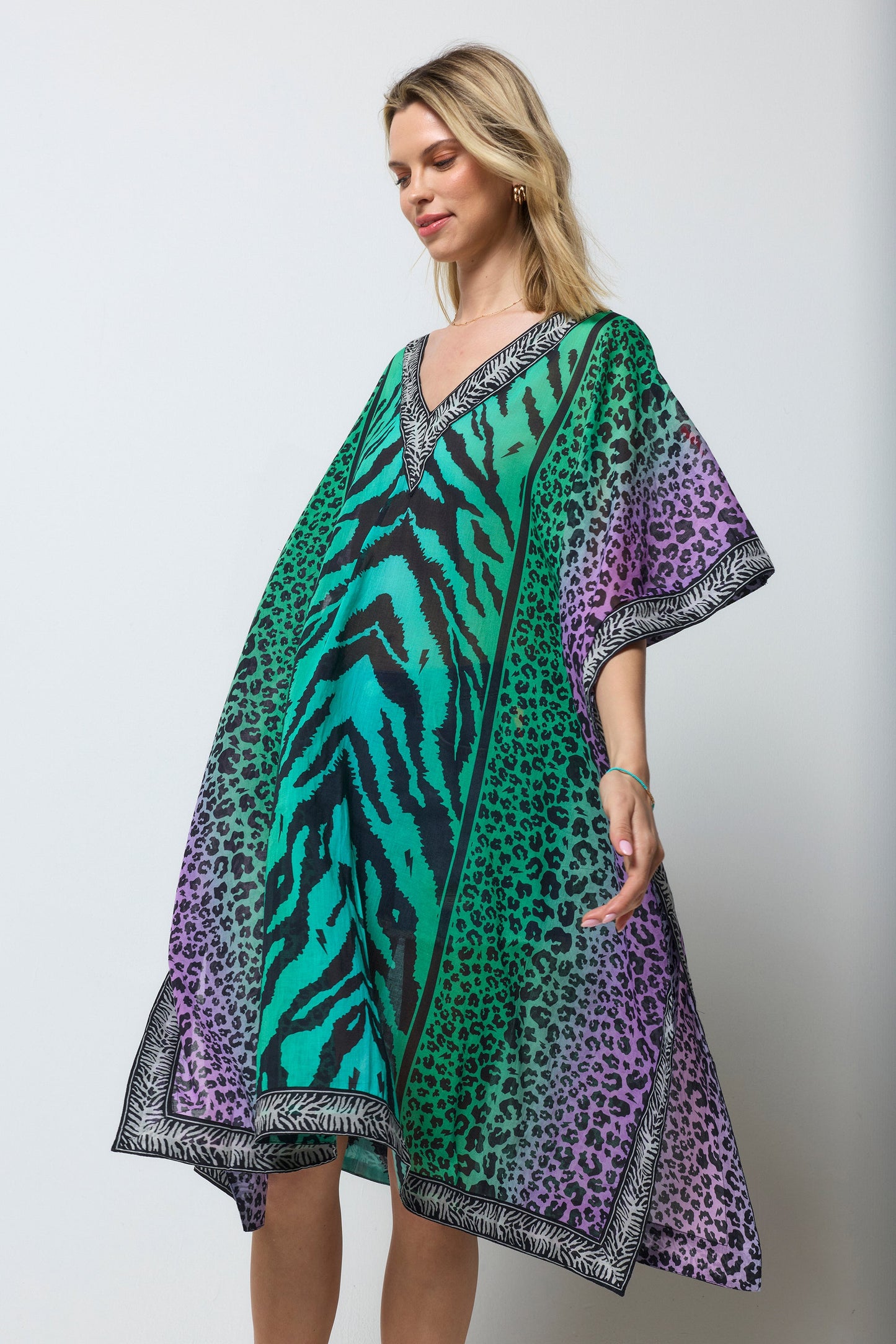 Green Ombre Engineered Animal Print Kaftan