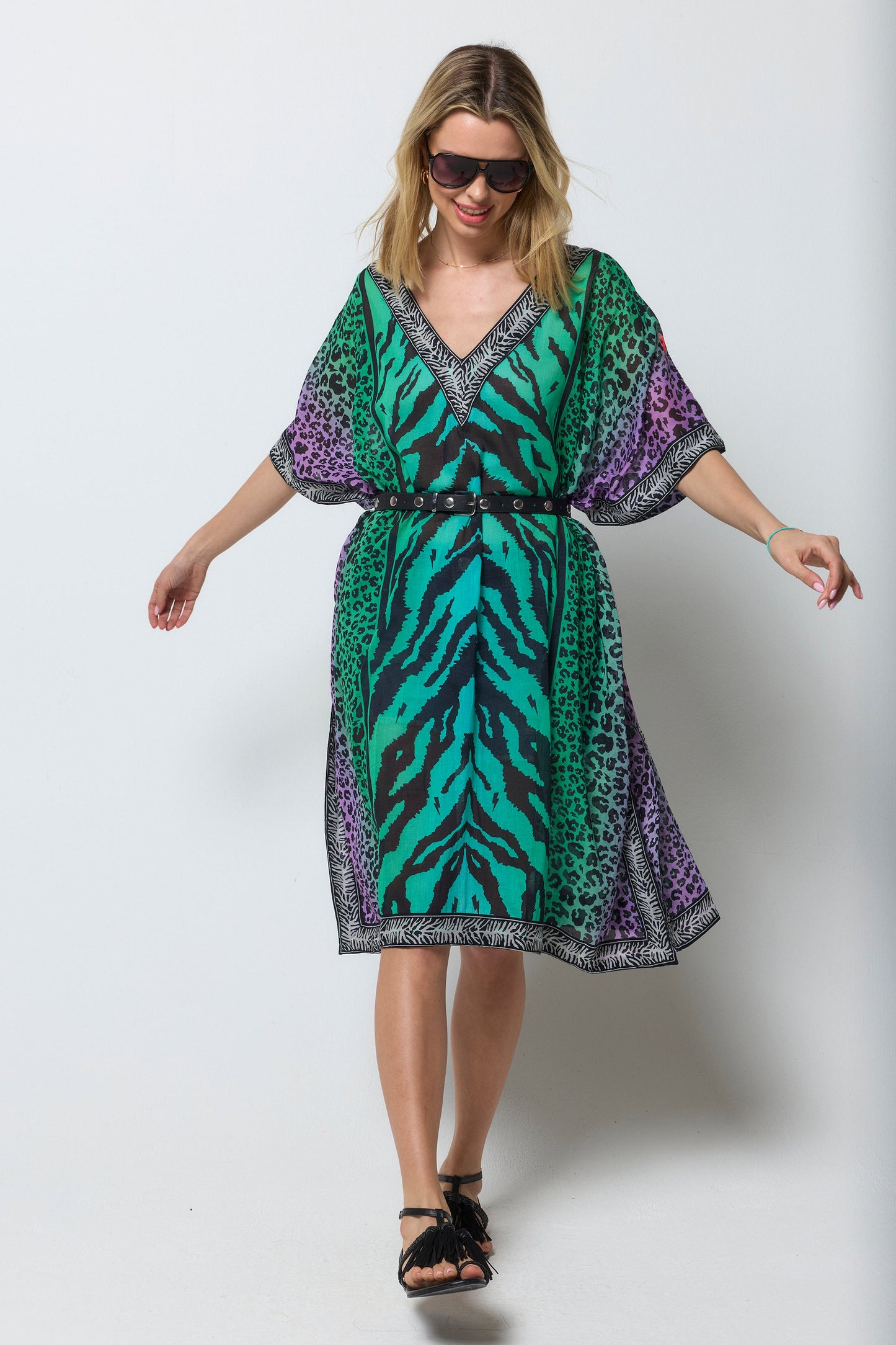 Green Ombre Engineered Animal Print Kaftan